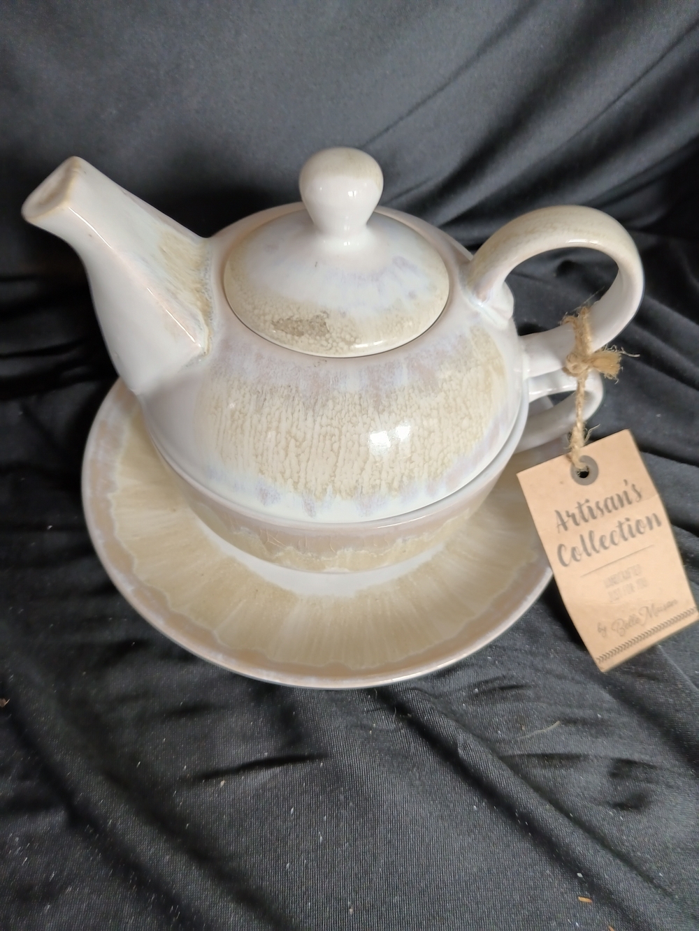 Artisan Ceramic Teapot with Saucer - Cream and White